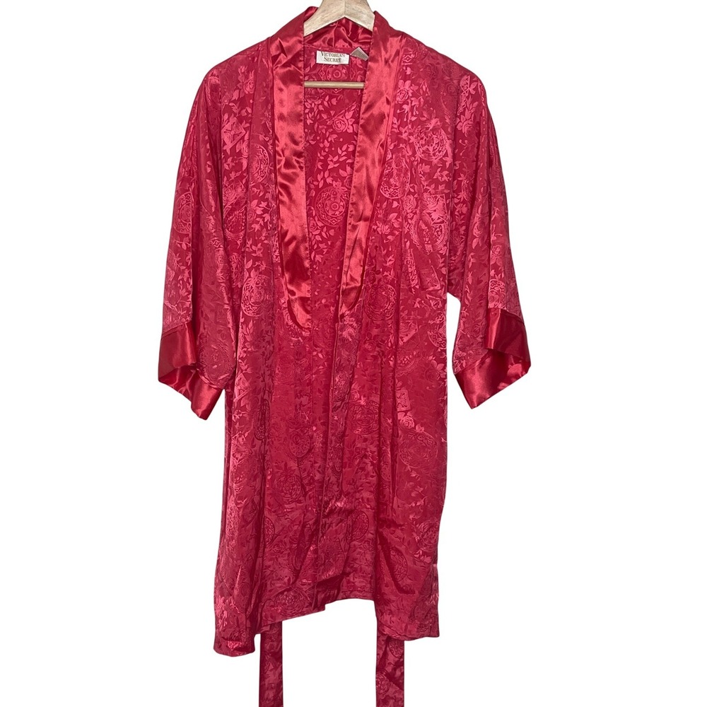 Vintage Victorias Secret Gold Label Red Floral Jacquard Kimono Robe One Size